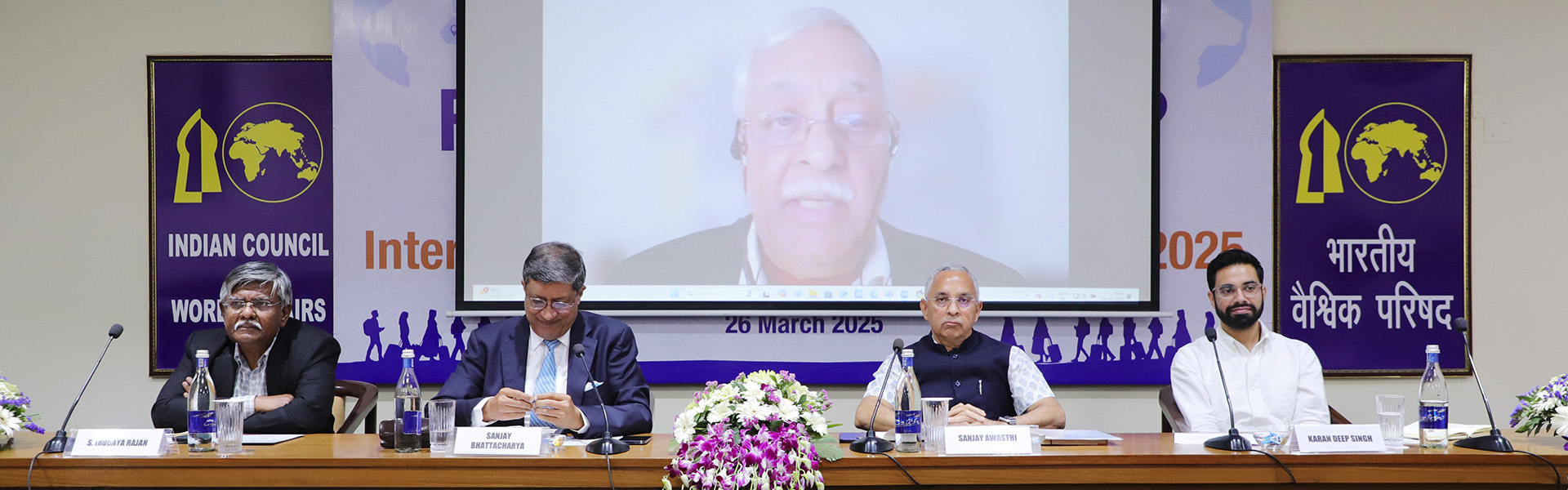 L-R: Prof. S. Irudaya Rajan, Chair of the International Institute of Migration and Development, Kerala, India; Ambassador Sanjay Bhattacharya, Professor of Diplomatic Practice, Jindal School of International Affairs, O.P Jindal Global University and Former Secretary (Overseas Indian Affairs), MEA, India; Mr. Sanjay Awasthi, Head of Office, International Organization for Migration India office, New Delhi; Mr. Karan Deep Singh, Independent Journalist, Former Staff Reporter, the New York Times and Prof. Binod Khadria, President, Global Research Forum on Diaspora and Transnationalism and Co-convener, Metropolis Asia-Pacific Joined (online) at the Panel Discussion on “Fraying at the Edges? Rethinking Narratives on International Migration and Mobility in 2025” at Sapru House, 26 March 2025