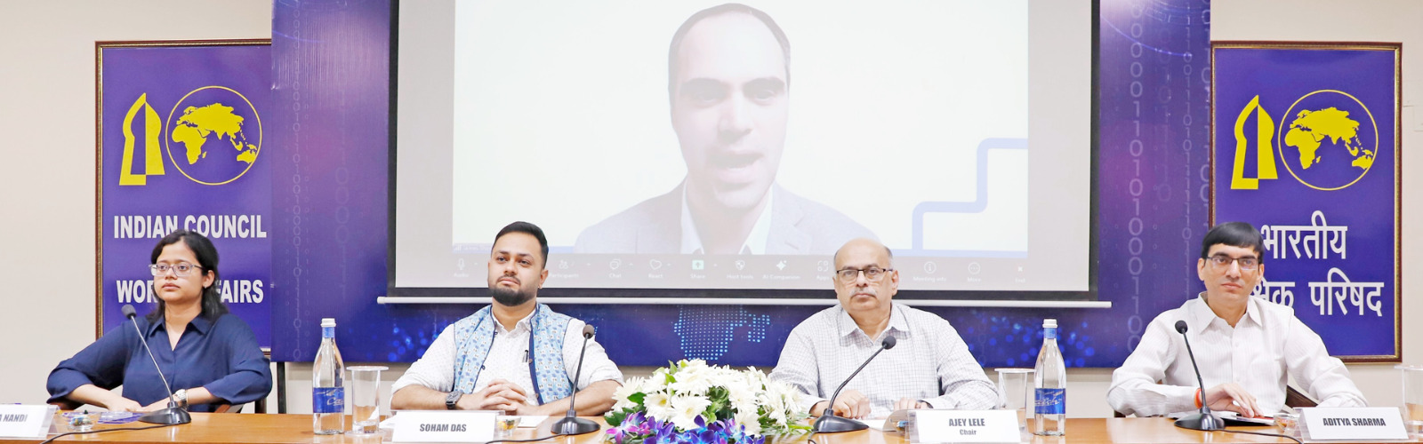 L-R: Dr. Anulekha Nandi, Fellow, Centre for Security, Strategy & Technology, ORF; Dr. Soham Das, Assistant Professor, OP Jindal University & Founding Director, Centre for Analytical Research and Engagement; Dr. Ajey Lele, Deputy Director General, MP-IDSA; Mr. Aditya Sharma, Chief Technology Officer, Plaxonic Technologies & joined online Dr. James Shire, Co-Director, Virtual Routes (Online speaker) at the Panel Discussion on ‘The AITrix: Discourses and Counter Discourses on AI in Global Politics’ at Sapru House, 14 October 2025