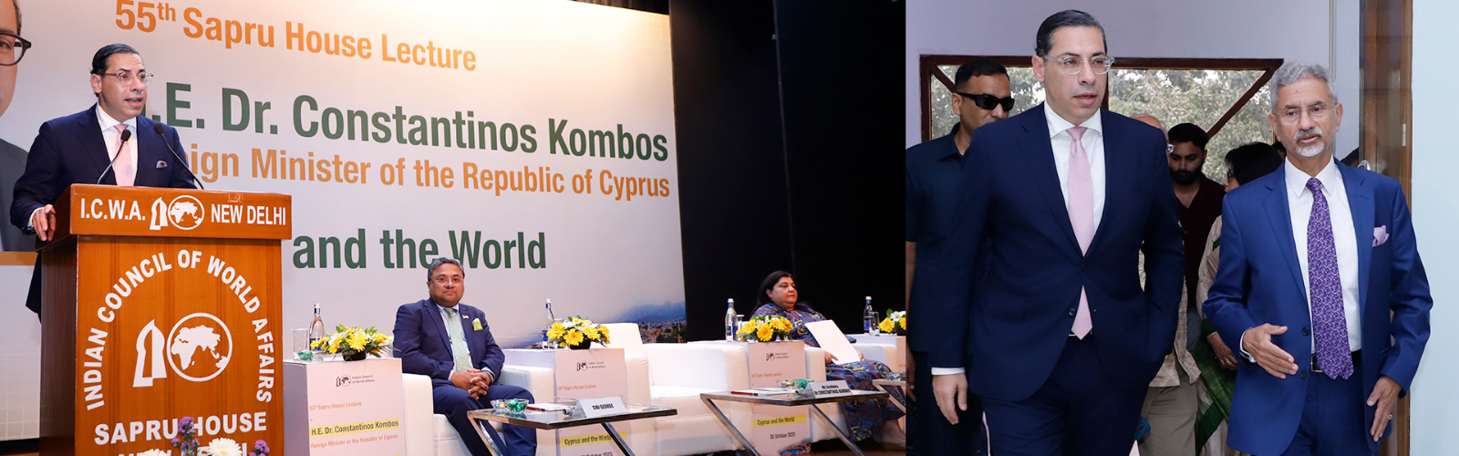 H.E. Dr. Constantinos Kombos, Foreign Minister, Republic of Cyprus delivered the 55th Sapru House Lecture on  ‘Cyprus and the World’ in the presence of Dr. S. Jaishankar, Honourable External Affairs Minister of India at ICWA on 30 October 2025.